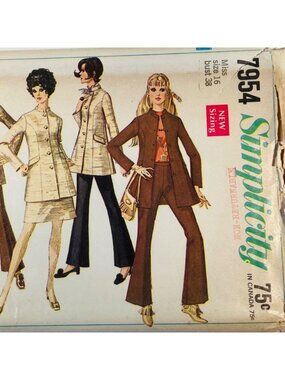 1960s Simplicity 7954 Sz 16 B38 Hippy Bell Bottoms Nehru Jacket Skirt Pattern CC